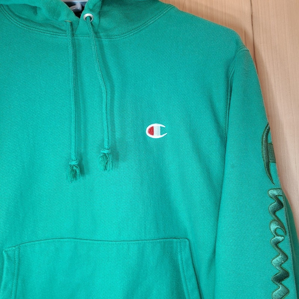 Champion Reverse Weave Mens S Green Hoodie Script Logo Pullover Streetwear